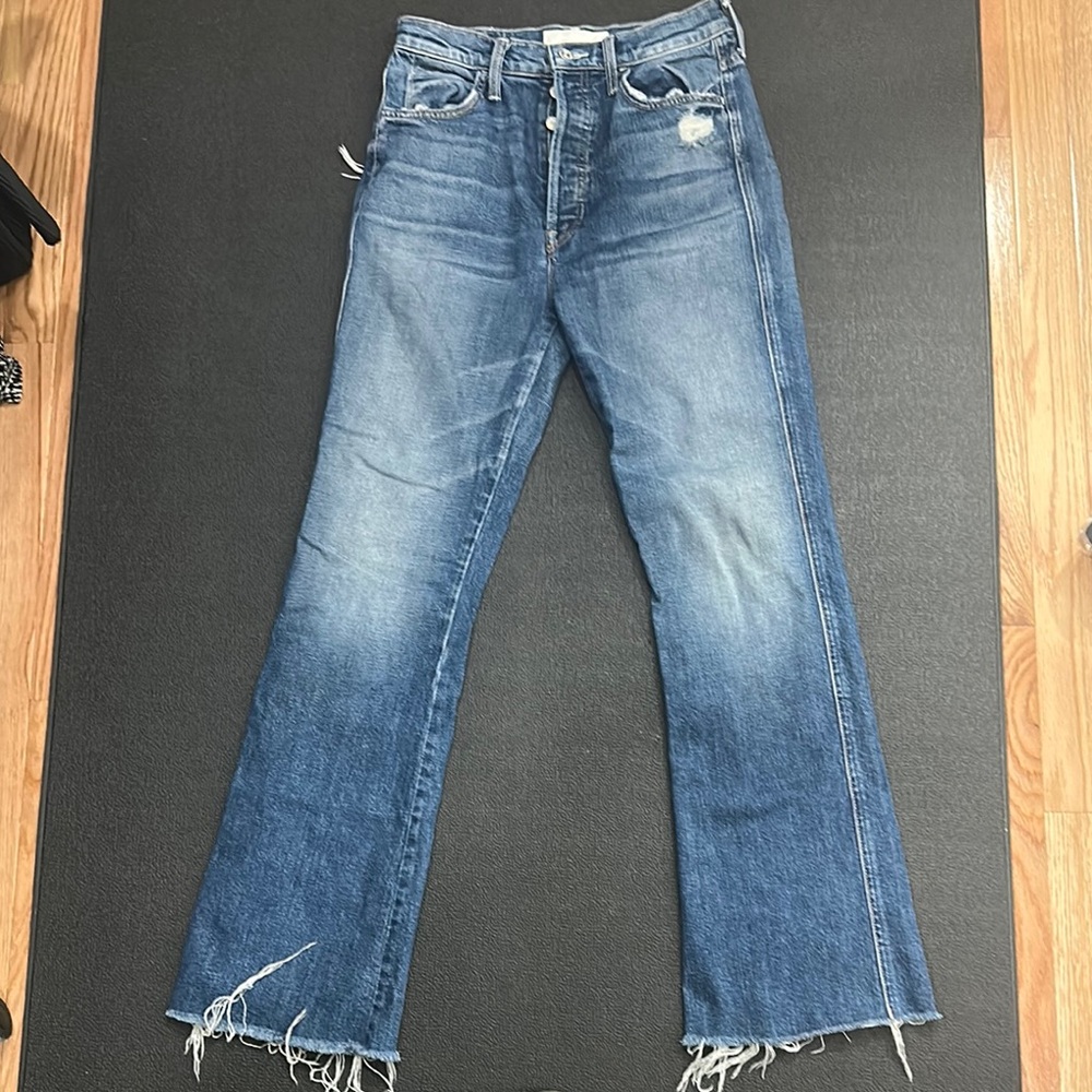 MOTHER Blue Flare Jeans with Frayed Hem